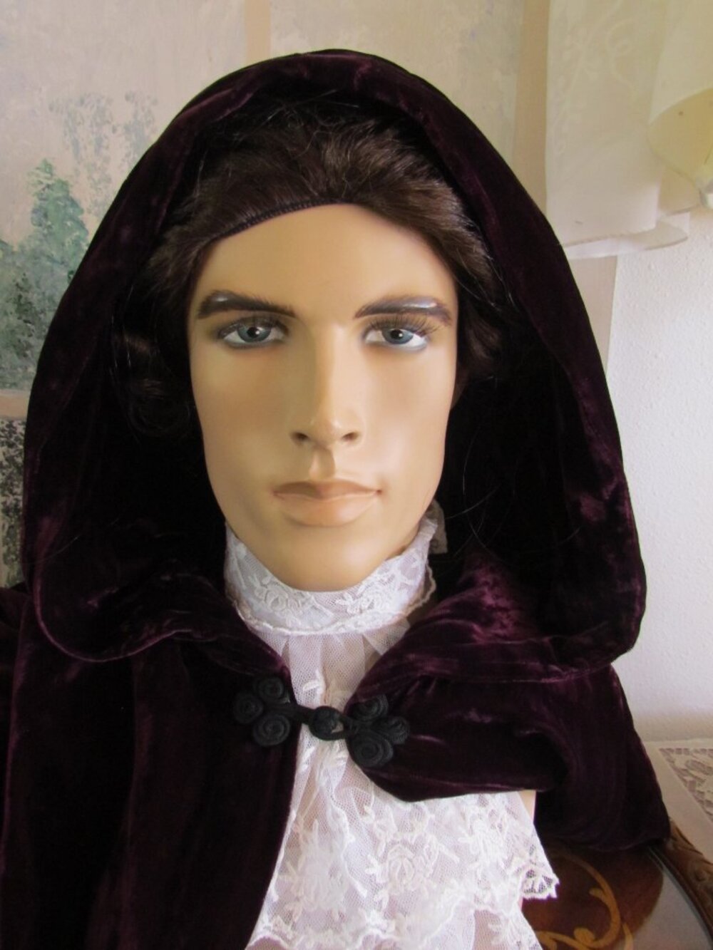 LONG CAPE, BURGUNDY VELVET w HOOD, LUXURIOUS UNISEX COSTUME CLOAK for MEN, WOMEN